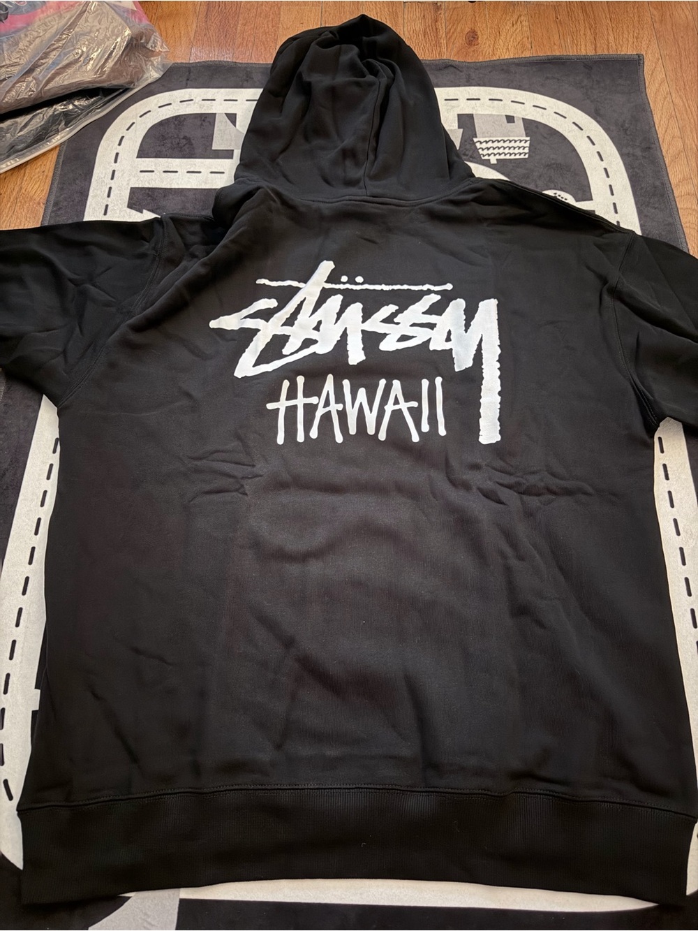 Stussy Black Hoodie with White Hawaii Logo - Size L